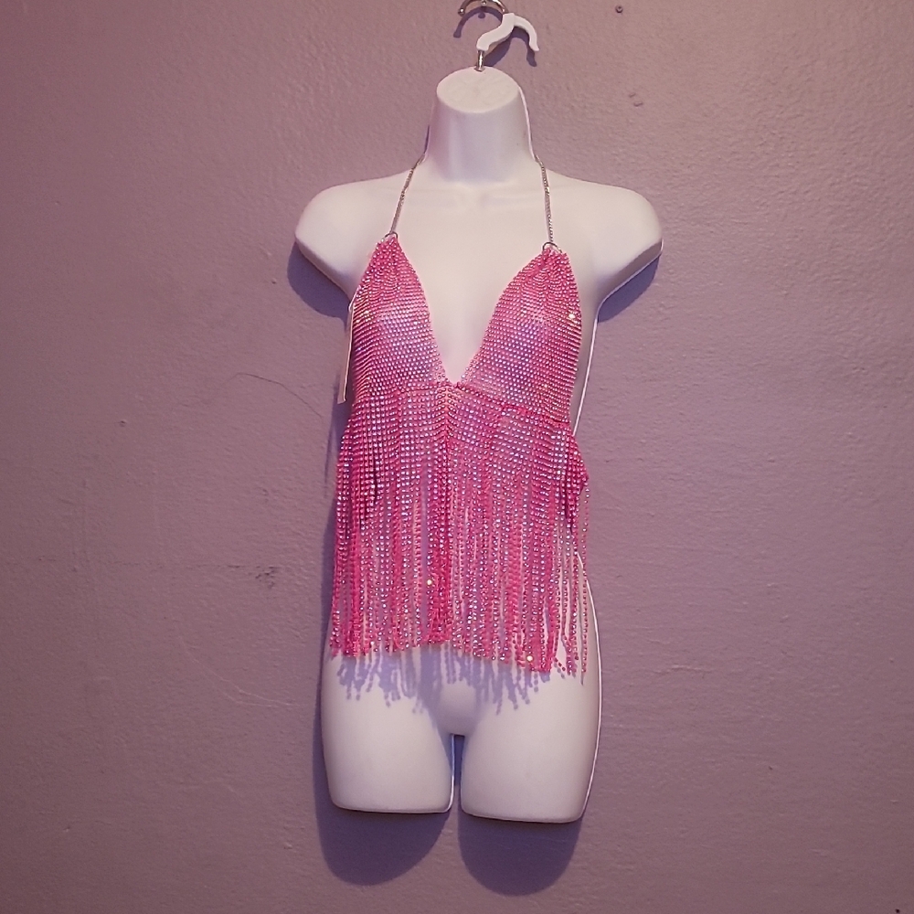 Pink Halter Fringe Top